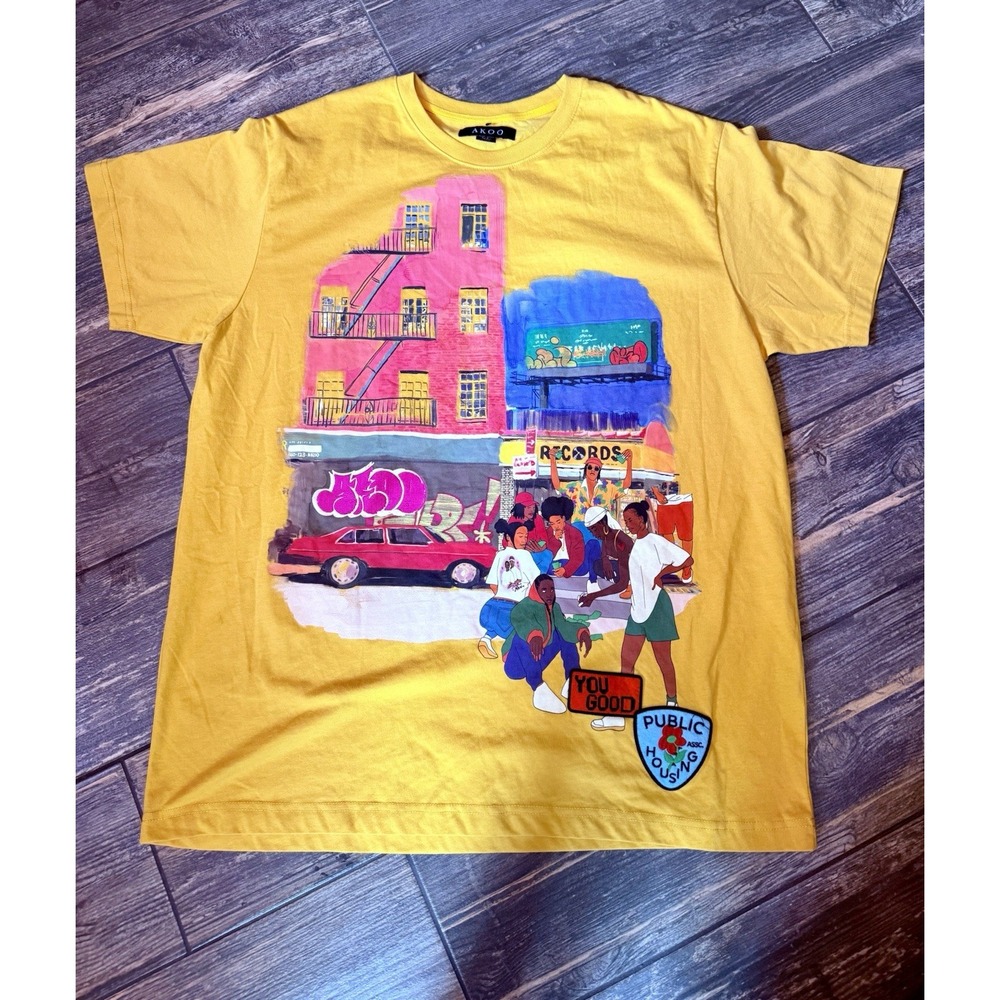 Men's Akoo XL Graphic T-Shirt Public Housing Patches Gold Urban Street Scene
